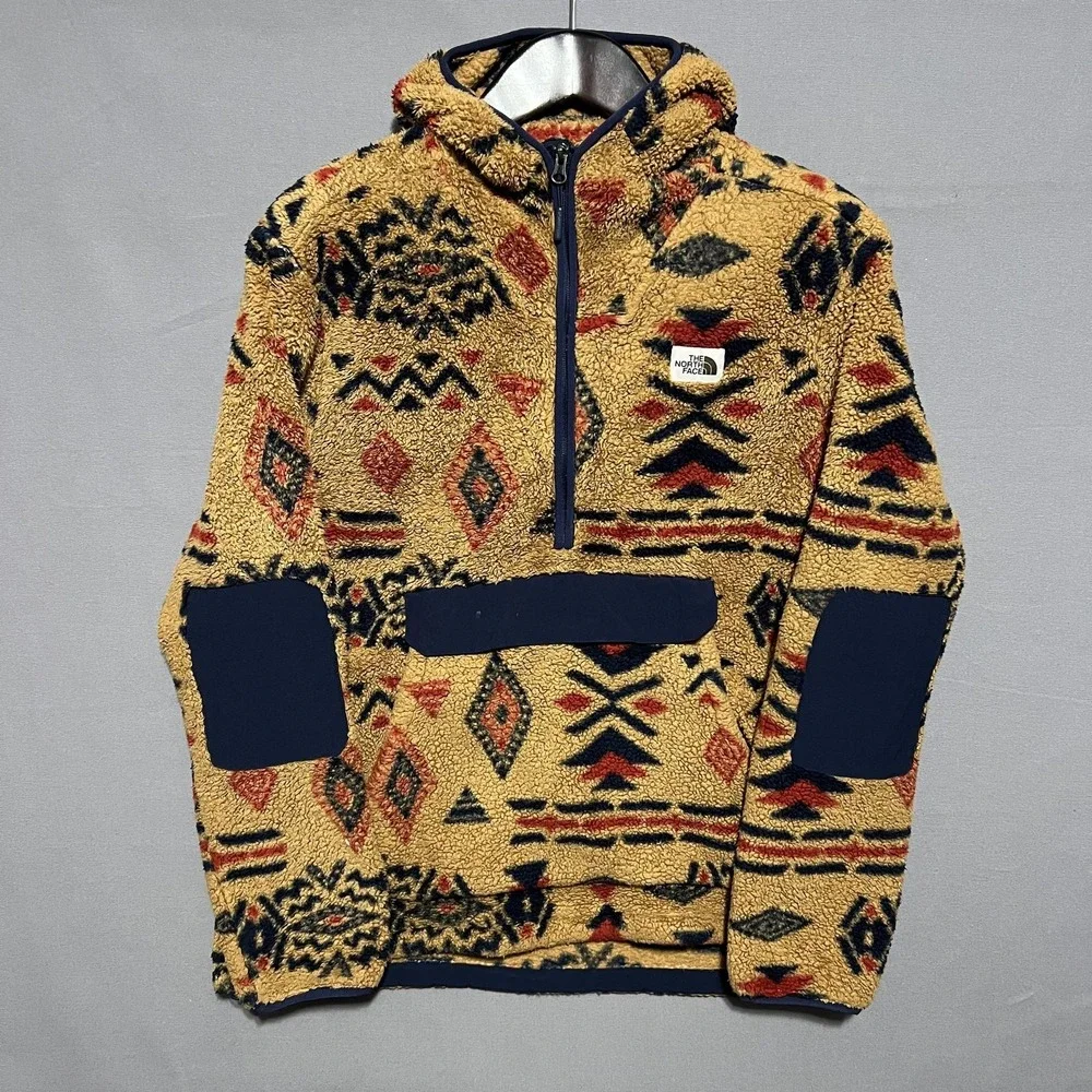 The North Face Jacket Mens XL Yellow Fleece Hooded 1/4 Zip Aztec Print Anorak